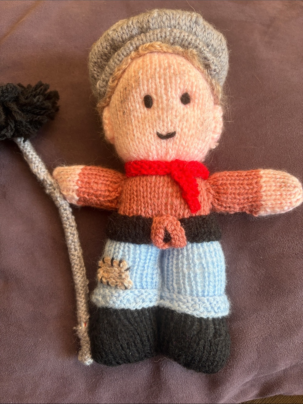 Handmade Knit Chimney Sweep - Red Scarf, Light Blue Jeans, Gray Hat